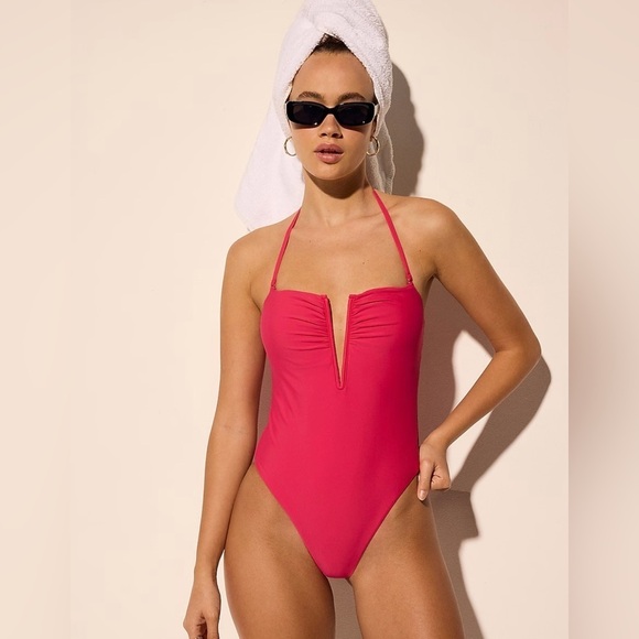 Express Fuchsia Ruched V Wire Halter One Piece Swimsuit - Picture 4 of 10